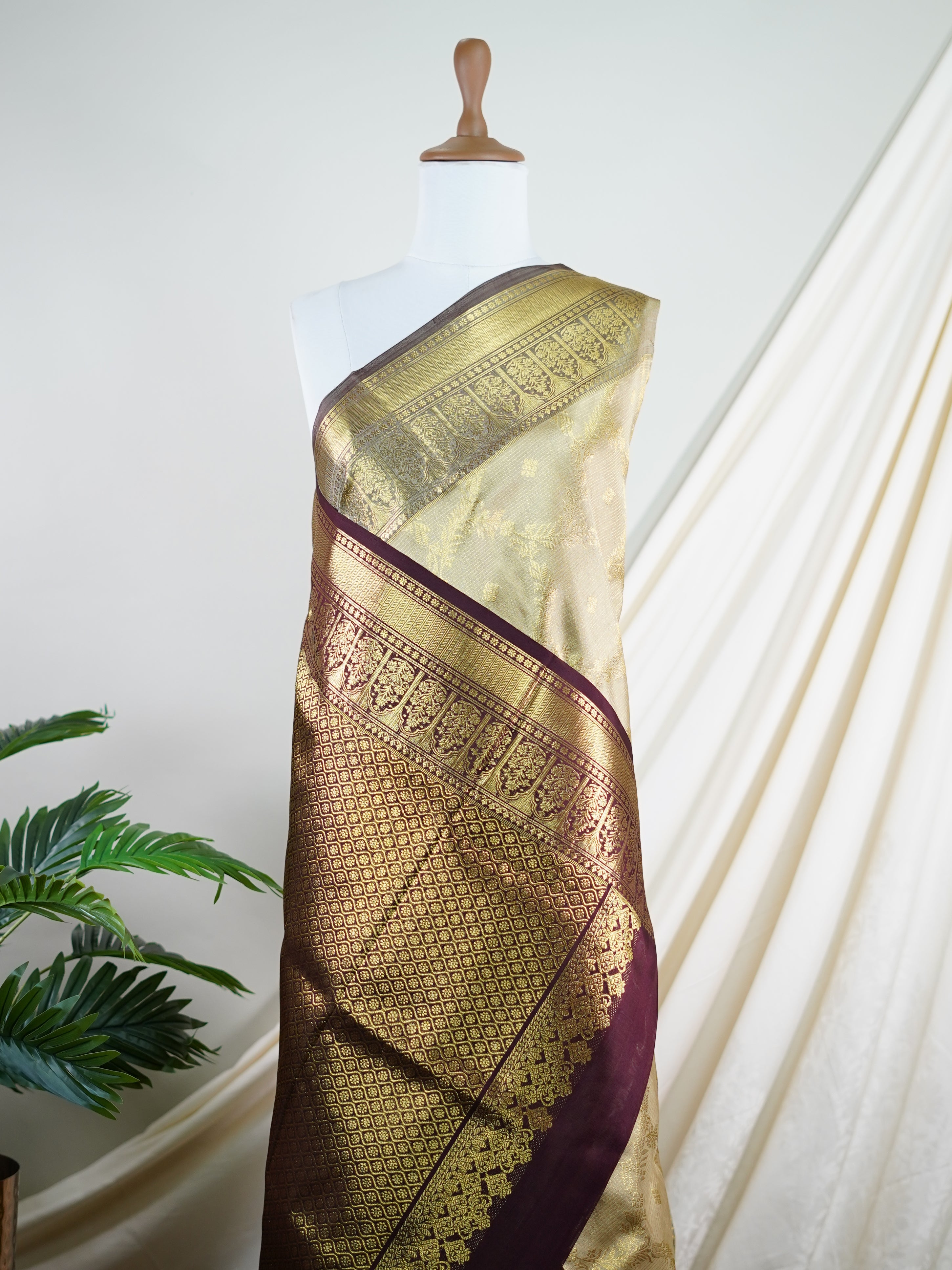 Venkatagiri Silk Beige 100% Pure Silk  - Manoranjitham Weaves - Handloom Store