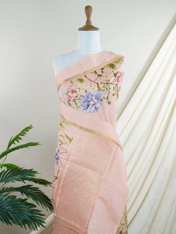 Cotton This 100% Pure Cotton silk saree, adorned in Peach and detailed with nan weaving, reflects the grandeur of Maharashtra. The timeless Handwork motifs enhance its bridal charm. A perfect blend of luxury and tradition, it is designed for those who appreciate fine craftsmanship. Yamini - Manoranjitham Weaves - Handloom Store