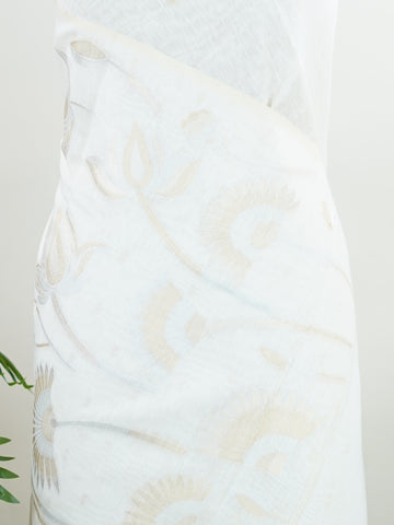 Cotton This Linen Cotton saree in cream glows softly with golden floral zari weaves.br
Borderless and fluid, it brings a refined simplicity to festive dressing.br
Woven in Varanasi, the fine zari adds just the right touch of shimmer.br
A graceful blend of comfort, elegance, and tradition.br
#LinenCottonSaree #ZariWeaves #BorderlessBeauty #VaranasiHandloom #ManoranjithamSarees Latha - Cream Handloom Cotton Saree - Manoranjitham Weaves - Handloom Store