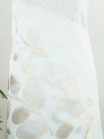 Cotton This Linen Cotton saree in cream glows softly with golden floral zari weaves.br
Borderless and fluid, it brings a refined simplicity to festive dressing.br
Woven in Varanasi, the fine zari adds just the right touch of shimmer.br
A graceful blend of comfort, elegance, and tradition.br
#LinenCottonSaree #ZariWeaves #BorderlessBeauty #VaranasiHandloom #ManoranjithamSarees Nandini - Cream Handloom Cotton Saree - Manoranjitham Weaves - Handloom Store