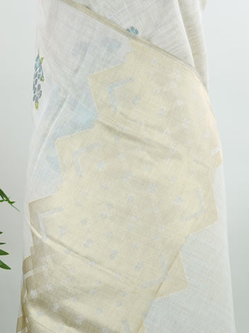Cotton In soothing grey, this 100% Pure Cotton saree brings quiet beauty to everyday wear.br
Floral motifs bloom gently across the body, adding a soft, natural charm.br
Woven in Varanasi, it offers breathability and comfort all day long.br
A timeless choice for effortless grace.br
#PureCottonSaree #GreyElegance #FloralMotifs #VaranasiWeaves #ManoranjithamSarees Anjali - Handloom Cotton Saree | Zari Border | Traditional - Manoranjitham Weaves - Handloom Store