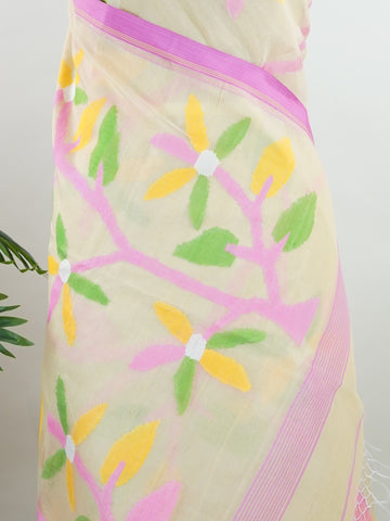 Cotton Woven with care in the looms of West Bengal, this 100% pure cotton saree blends everyday comfort with understated elegance. Fine zari floral designs shimmer softly against the breathable fabric, while the small border adds a touch of refinement. Lightweight and timeless, it’s perfect for summer gatherings and quiet celebrations Kedara - Handloom Cotton Saree - Manoranjitham Weaves - Handloom Store