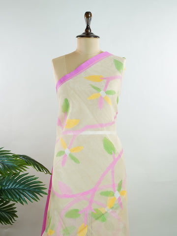 Cotton Woven with care in the looms of West Bengal, this 100% pure cotton saree blends everyday comfort with understated elegance. Fine zari floral designs shimmer softly against the breathable fabric, while the small border adds a touch of refinement. Lightweight and timeless, it’s perfect for summer gatherings and quiet celebrations Kedara - Handloom Cotton Saree - Manoranjitham Weaves - Handloom Store