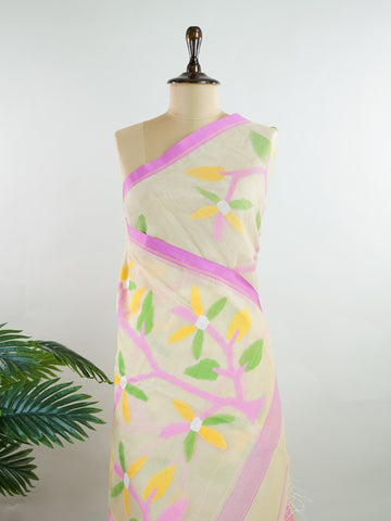 Cotton Woven with care in the looms of West Bengal, this 100% pure cotton saree blends everyday comfort with understated elegance. Fine zari floral designs shimmer softly against the breathable fabric, while the small border adds a touch of refinement. Lightweight and timeless, it’s perfect for summer gatherings and quiet celebrations Kedara - Handloom Cotton Saree - Manoranjitham Weaves - Handloom Store
