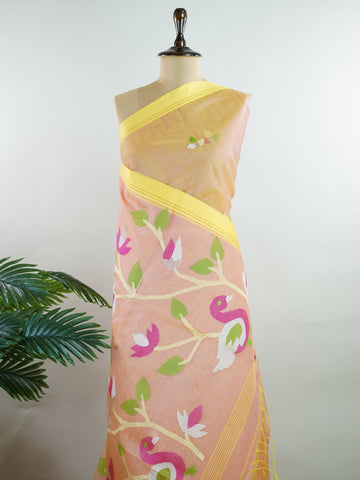 Cotton Woven with care in the looms of West Bengal, this 100% pure cotton saree blends everyday comfort with understated elegance. Fine zari floral designs shimmer softly against the breathable fabric, while the small border adds a touch of refinement. Lightweight and timeless, it’s perfect for summer gatherings and quiet celebrations Vyasa - Handloom Cotton Saree - Manoranjitham Weaves - Handloom Store