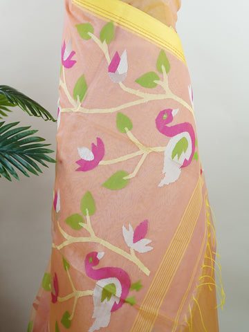 Cotton Woven with care in the looms of West Bengal, this 100% pure cotton saree blends everyday comfort with understated elegance. Fine zari floral designs shimmer softly against the breathable fabric, while the small border adds a touch of refinement. Lightweight and timeless, it’s perfect for summer gatherings and quiet celebrations Vyasa - Handloom Cotton Saree - Manoranjitham Weaves - Handloom Store