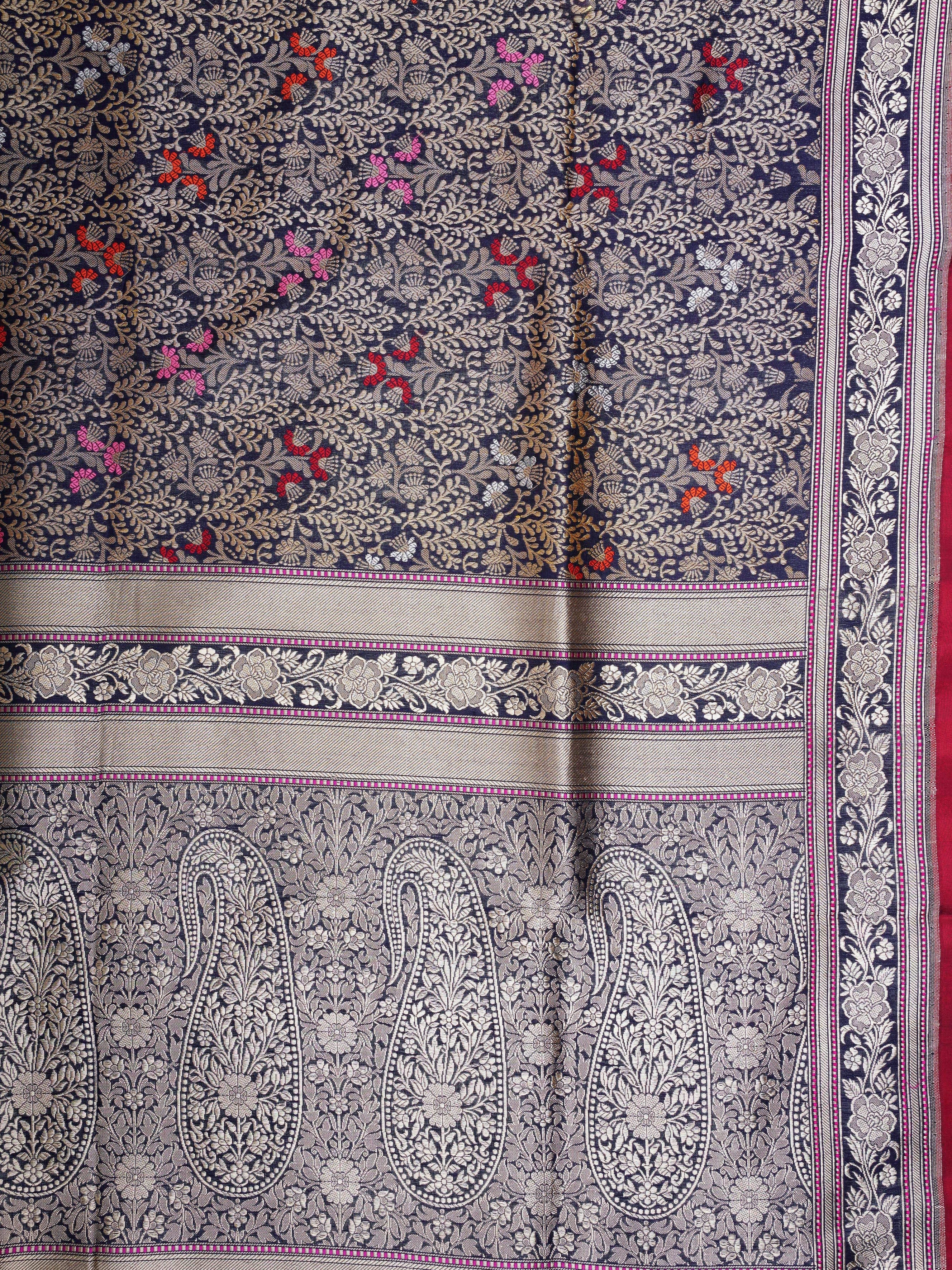 Katan Navy Blue 100% Pure Katan Silk - Manoranjitham Weaves - Handloom Store