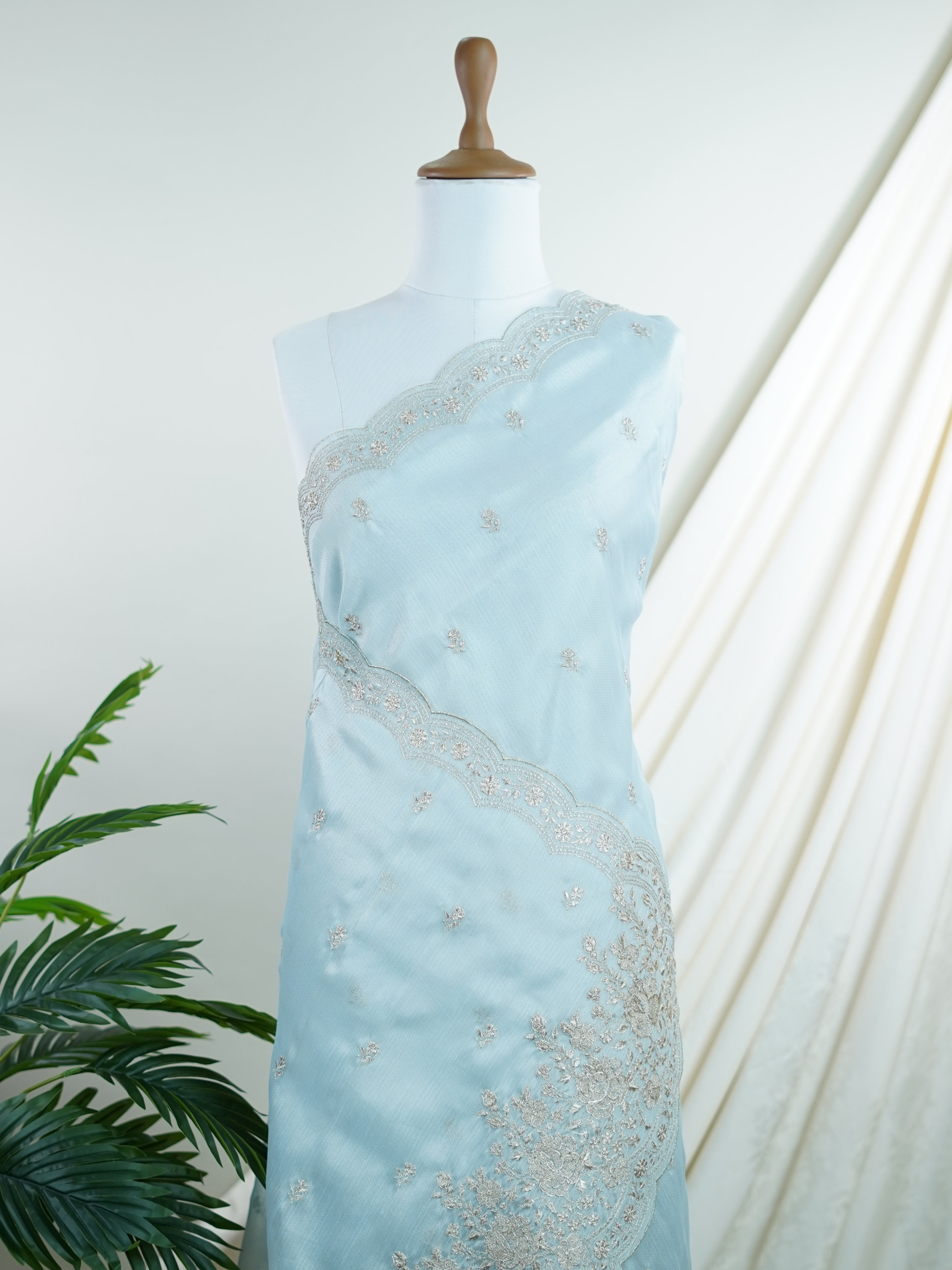 Katan Powder Blue 100% Pure Tissue - Manoranjitham Weaves - Handloom Store