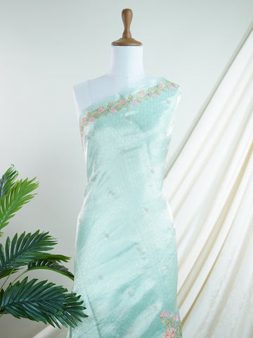 Katan Woven in the storied looms of Varanasi, this tissue saree is a luminous canvas of delicate embroidery. Its gossamer sheen and intricate handwork come together in a drape that feels both weightless and regal. A graceful choice for celebrations that call for quiet opulence. #TissueSaree #EmbroideredElegance #VaranasiHandloom #SheerLuxury #TimelessDrape Rohitha - Manoranjitham Weaves - Handloom Store