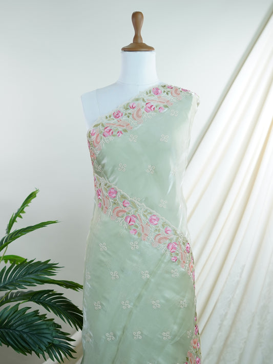 Katan Pista Green 100% Pure Tissue - Manoranjitham Weaves - Handloom Store