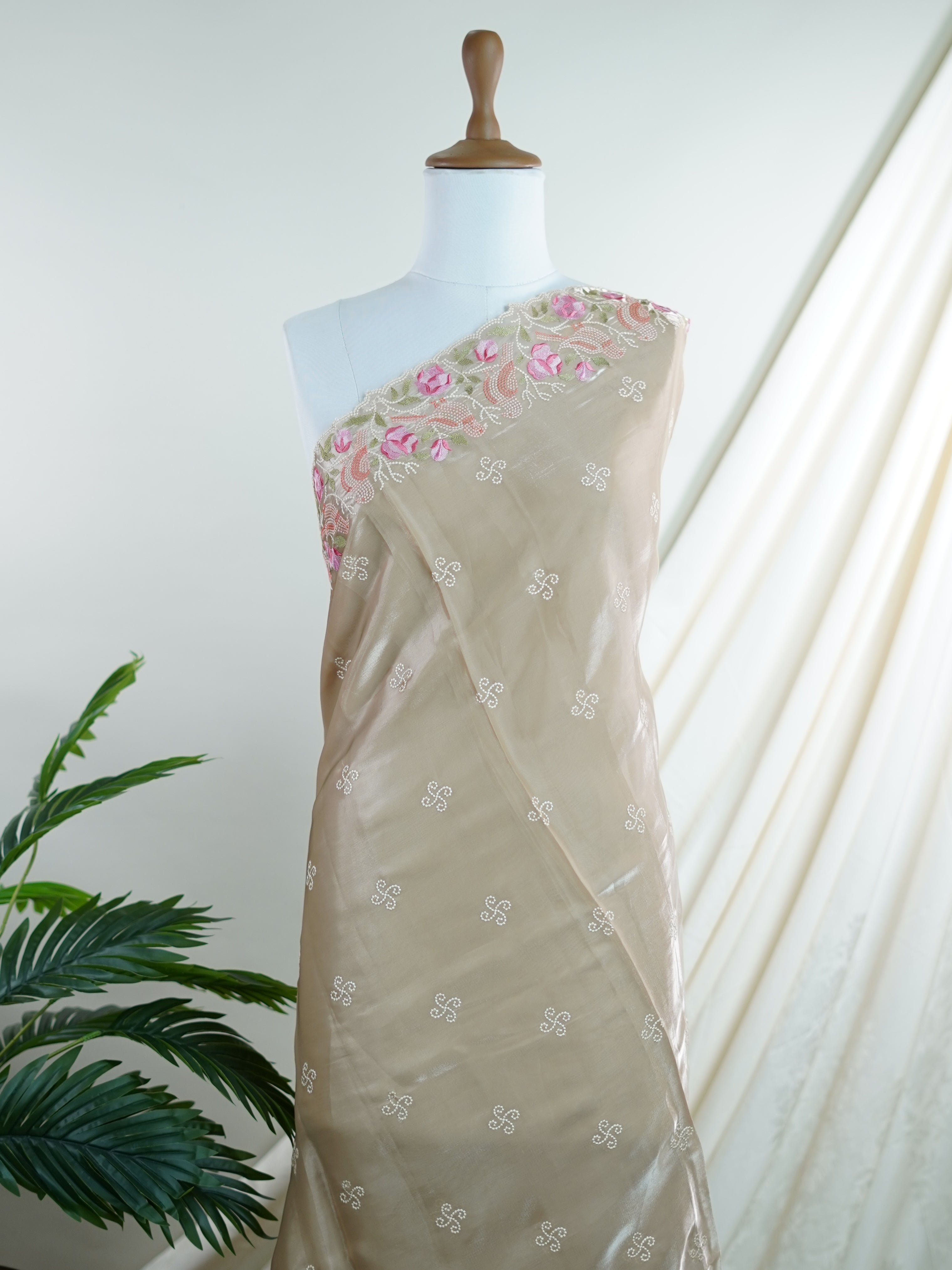 Katan Beige 100% Pure Tissue - Manoranjitham Weaves - Handloom Store