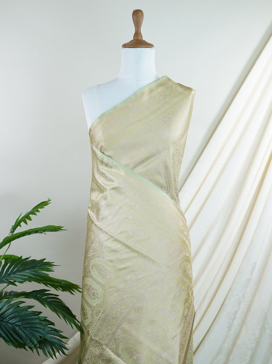 Katan Pista Green Semi Mushru - Manoranjitham Weaves - Handloom Store