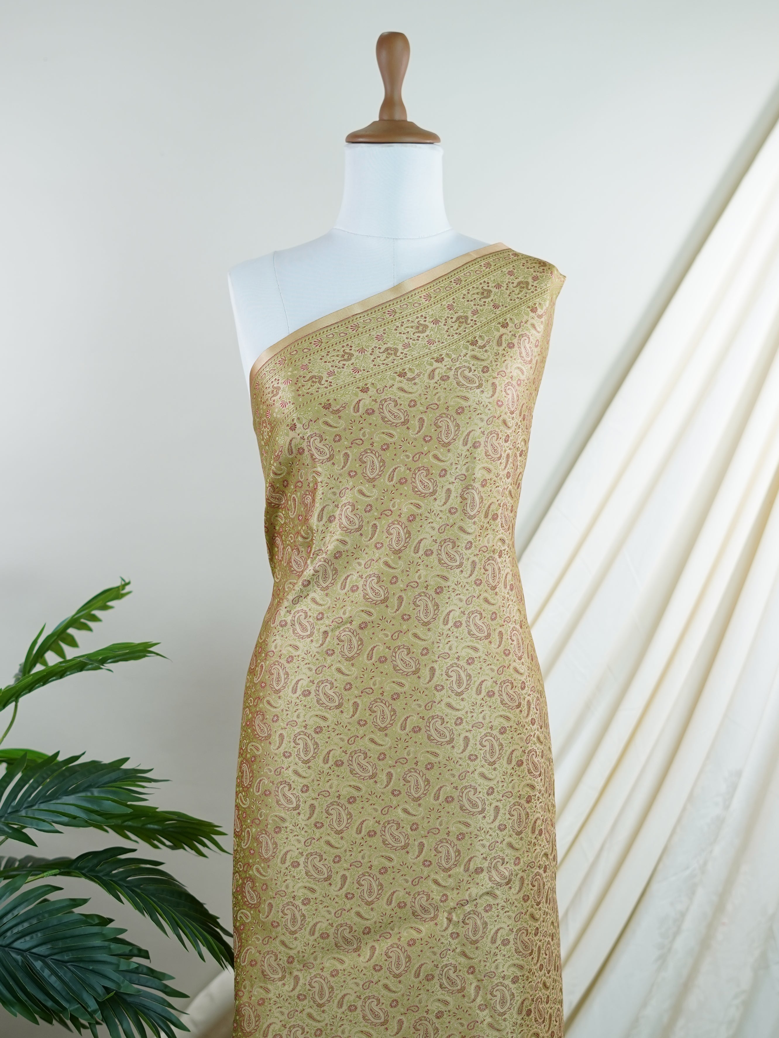 Katan Beige Semi Mushru - Manoranjitham Weaves - Handloom Store