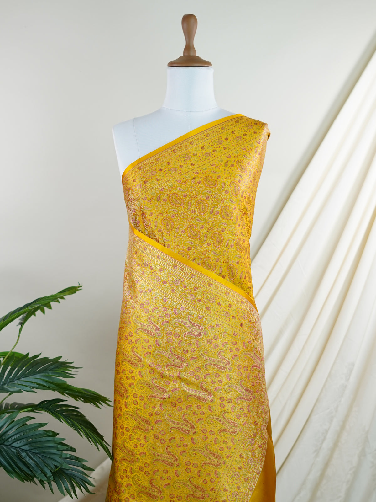 Katan Yellow Semi Mushru - Manoranjitham Weaves - Handloom Store