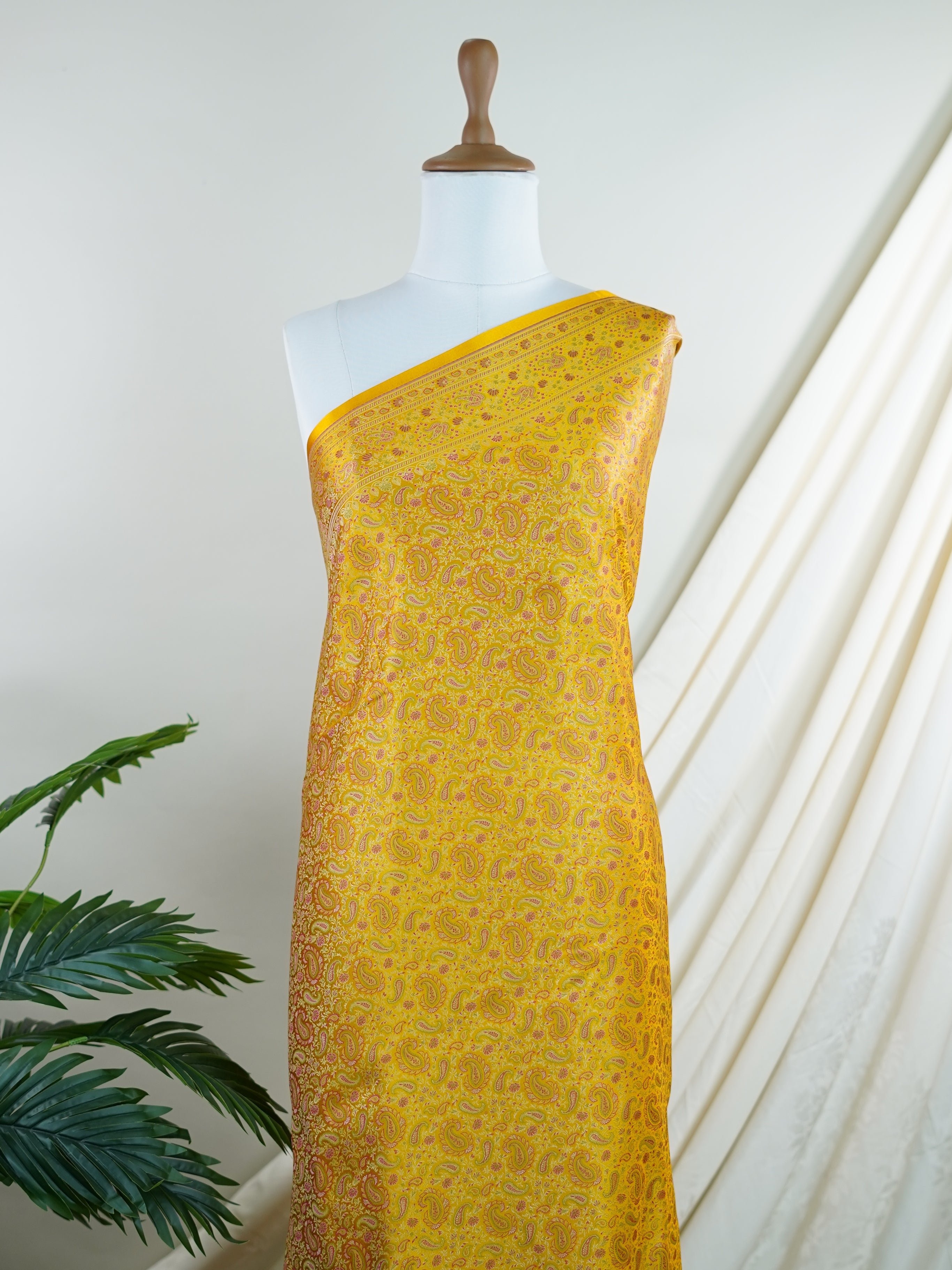 Katan Yellow Semi Mushru - Manoranjitham Weaves - Handloom Store