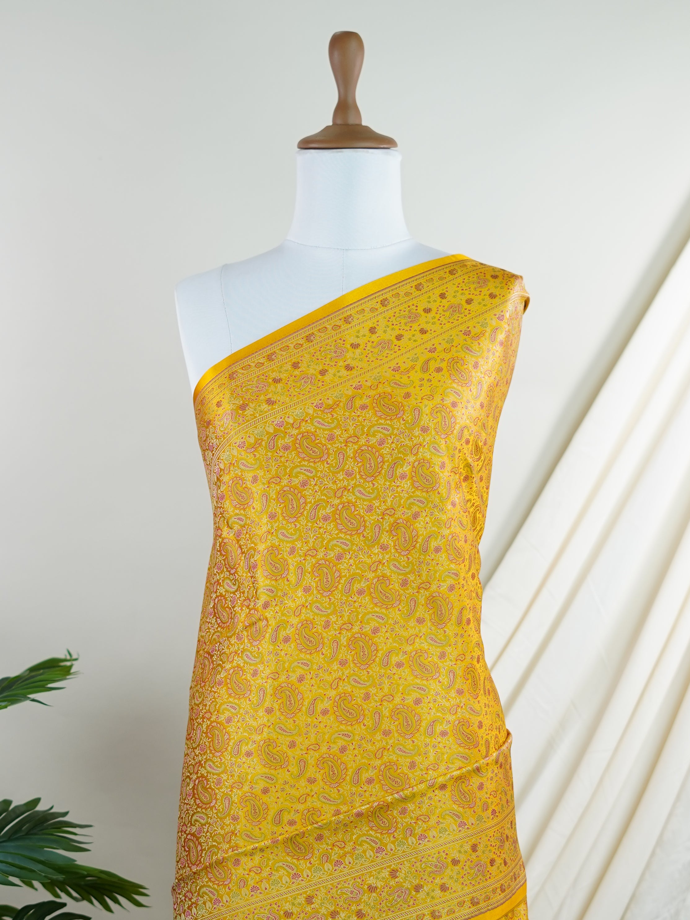 Katan Yellow Semi Mushru - Manoranjitham Weaves - Handloom Store