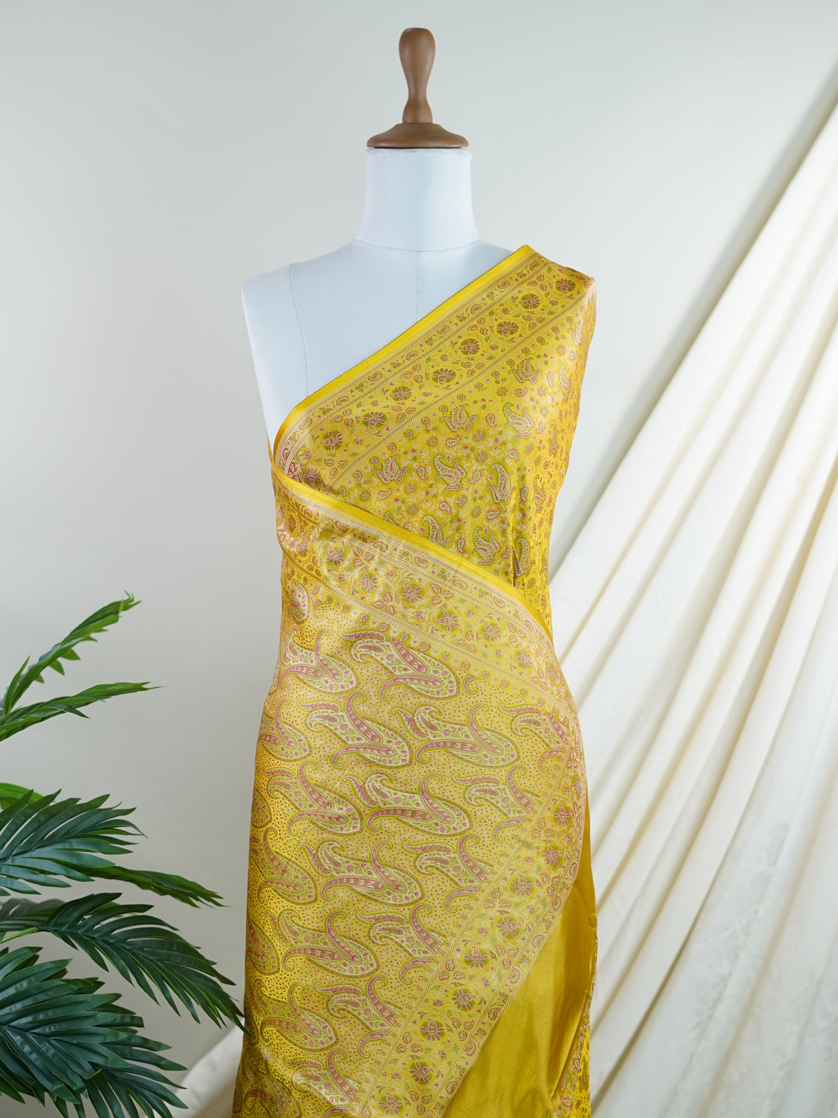 Katan Yellow Semi Mushru - Manoranjitham Weaves - Handloom Store