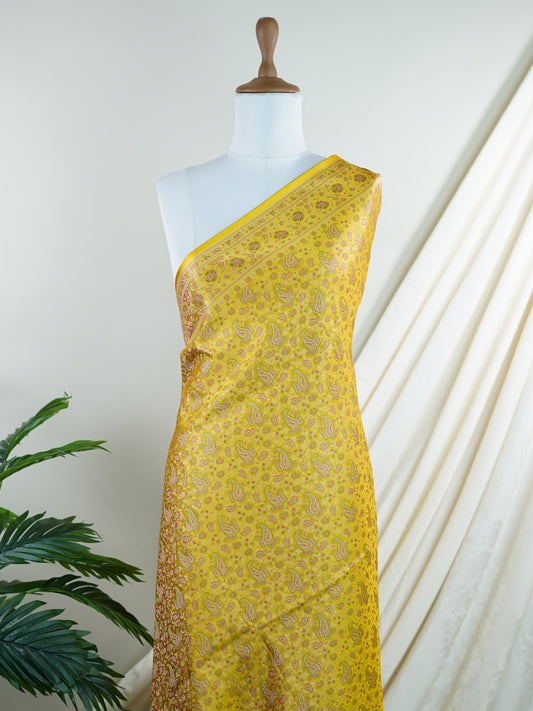 Katan Yellow Semi Mushru - Manoranjitham Weaves - Handloom Store