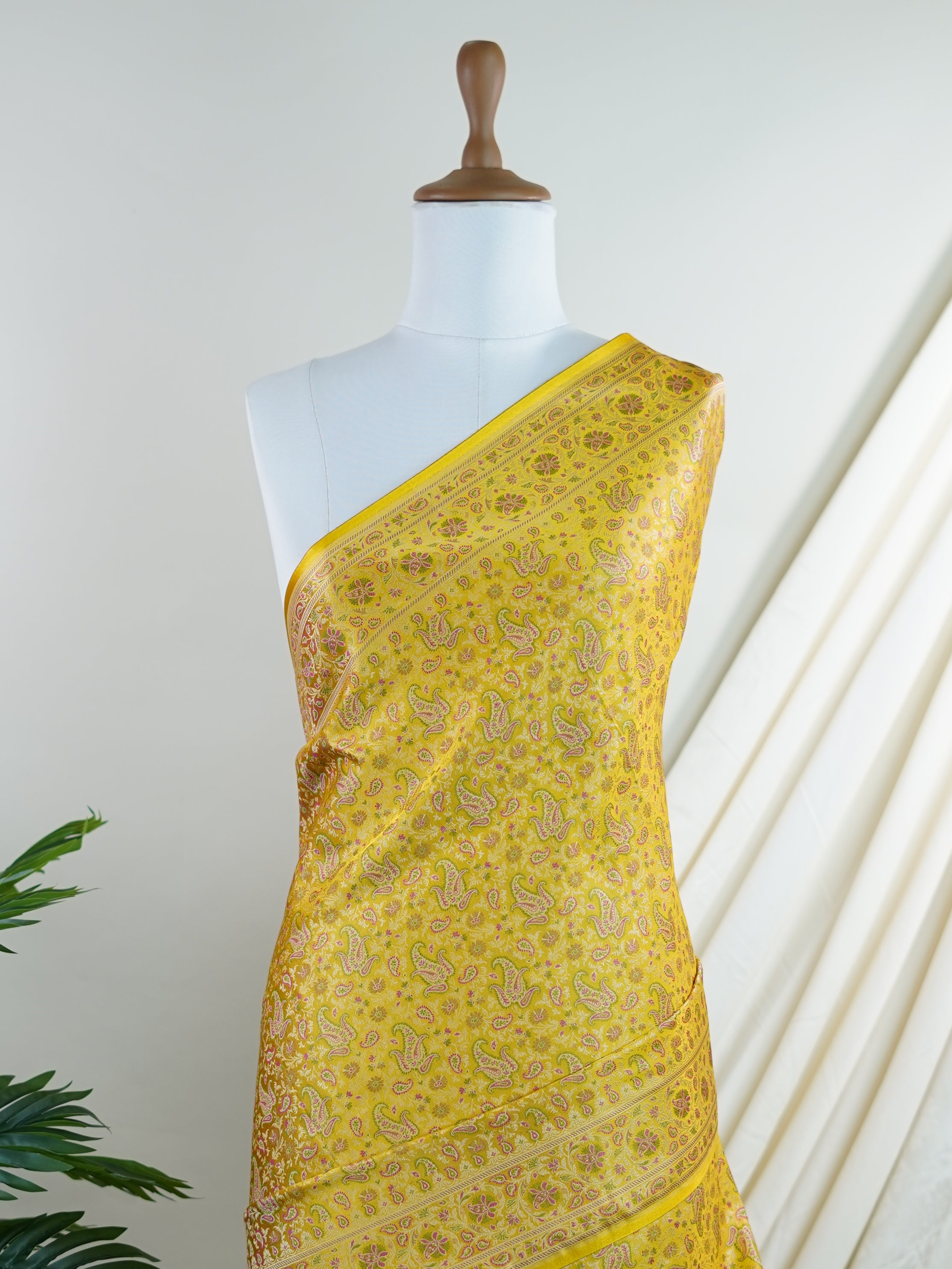 Katan Yellow Semi Mushru - Manoranjitham Weaves - Handloom Store