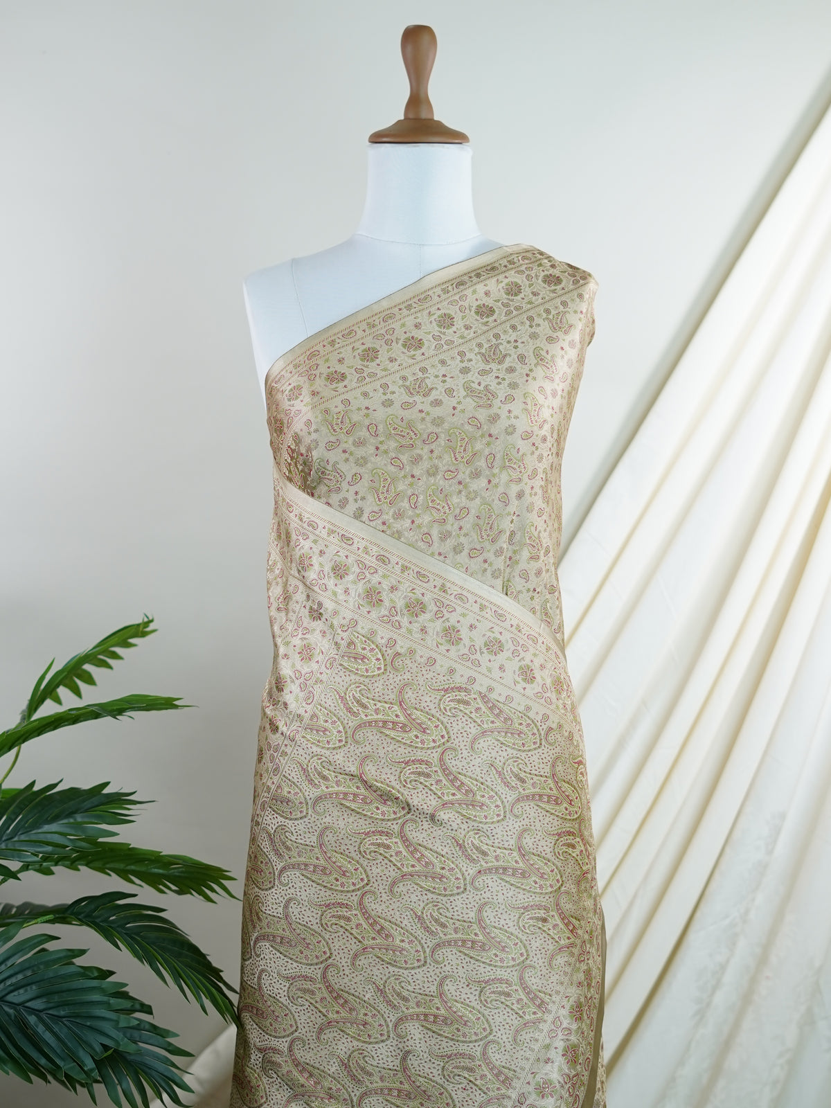 Katan Beige Semi Mushru - Manoranjitham Weaves - Handloom Store