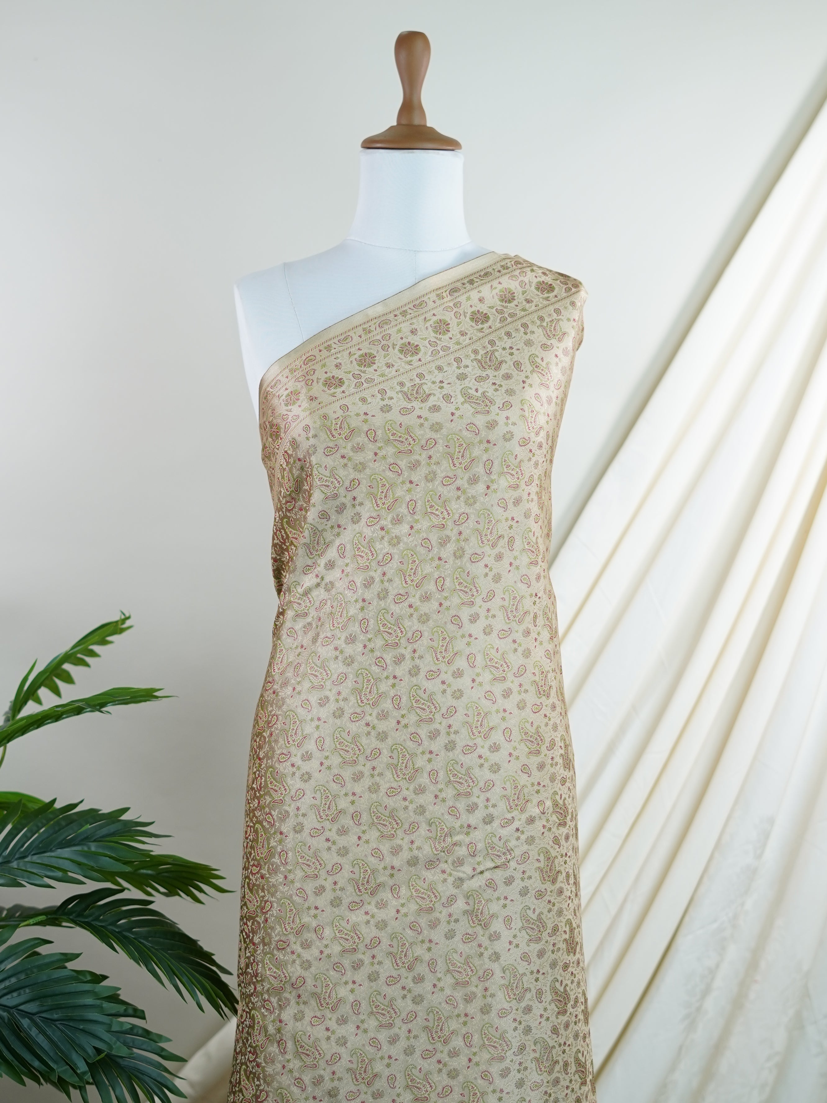 Katan Beige Semi Mushru - Manoranjitham Weaves - Handloom Store