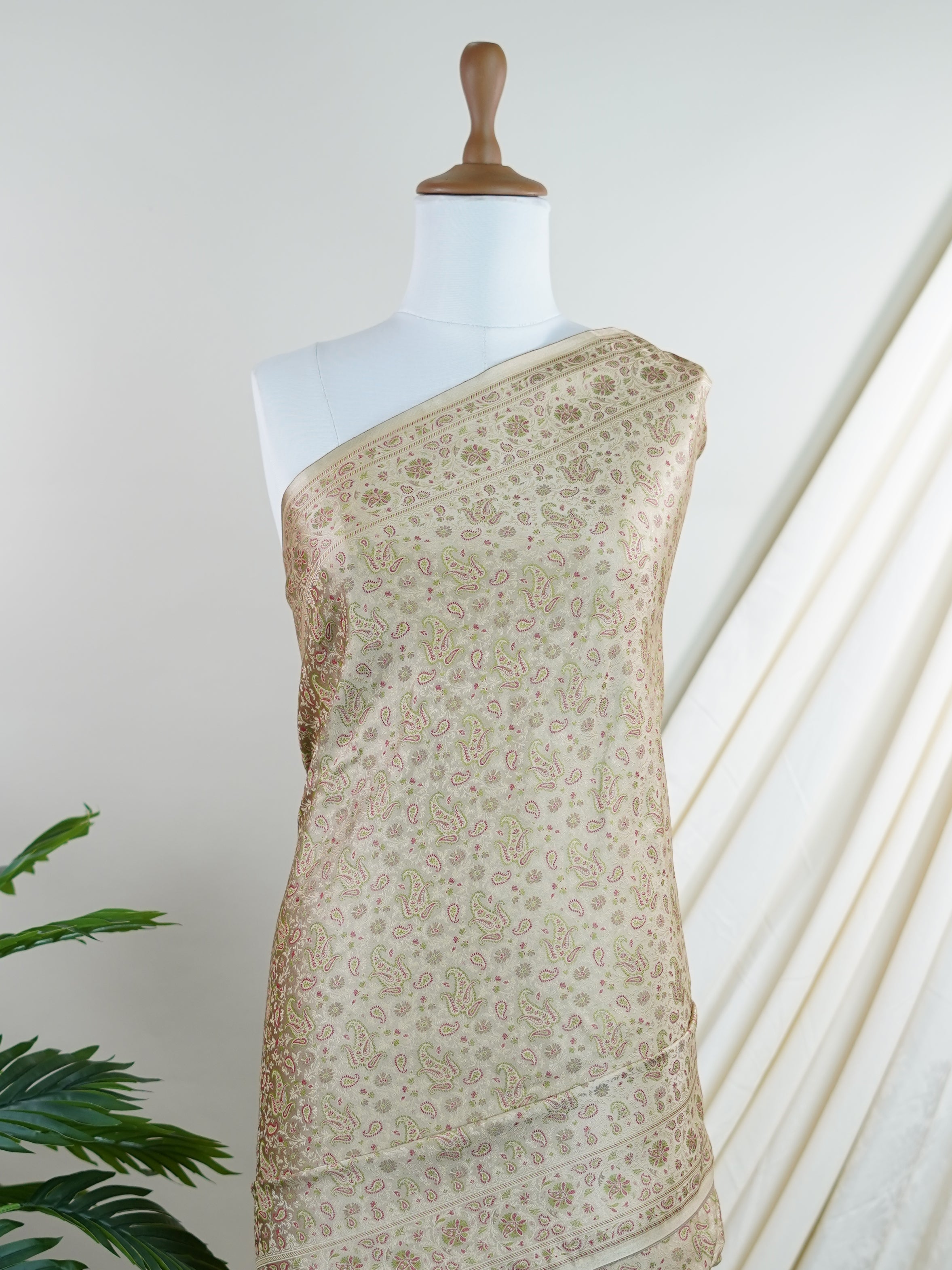 Katan Beige Semi Mushru - Manoranjitham Weaves - Handloom Store