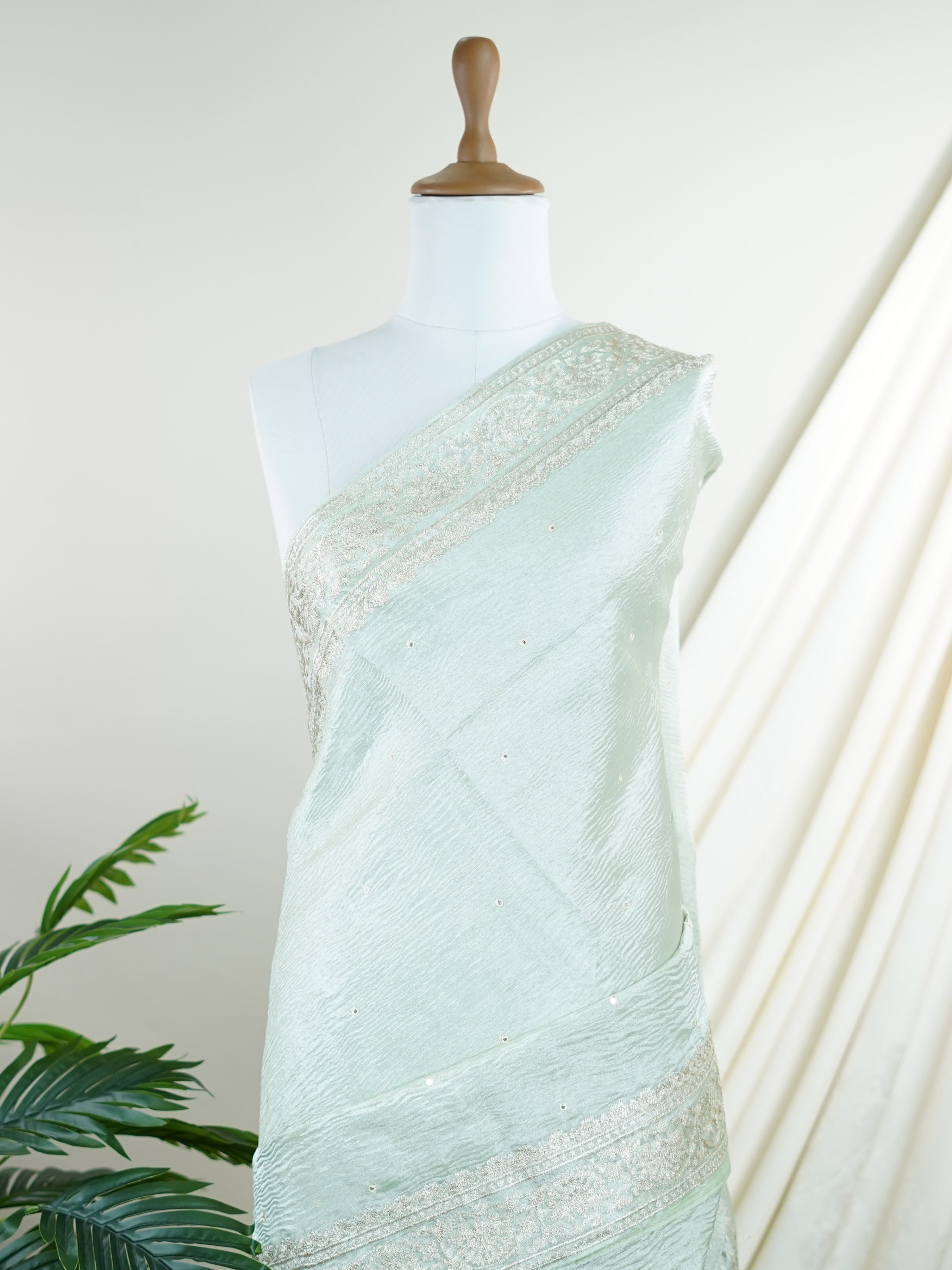 Net Pista Green Semi Crush Tissue - Manoranjitham Weaves - Handloom Store