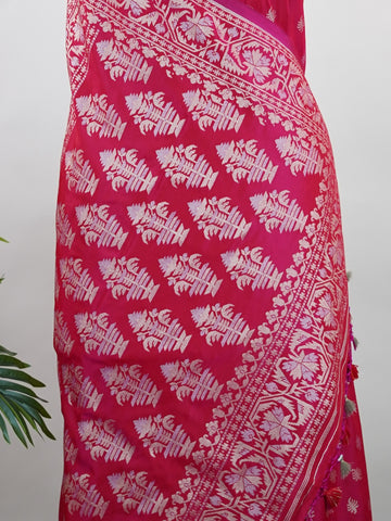 Katan Woven in Varanasi, this Katan semi silk saree features delicate buttis scattered across its smooth, lustrous body. The weave balances tradition and ease, offering the richness of silk with a lighter touch. A graceful choice for both festive mornings and elegant evenings. #KatanSilkSaree #VaranasiWeaves #ButtiBeauty #SemiSilkElegance #HandloomHeritage Aishwarya - Semi Silk Saree | Woven Buttas - Manoranjitham Weaves - Handloom Store