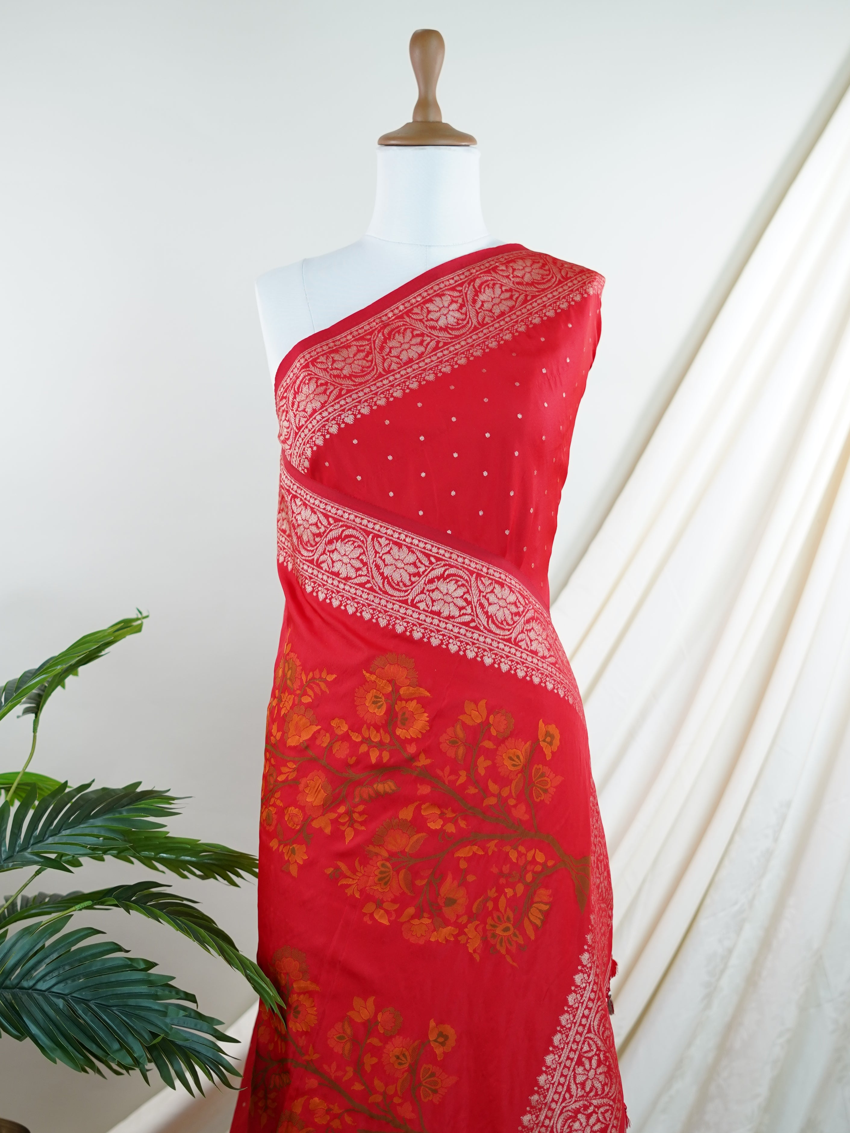 Katan Red Katan Semi Silk - Manoranjitham Weaves - Handloom Store