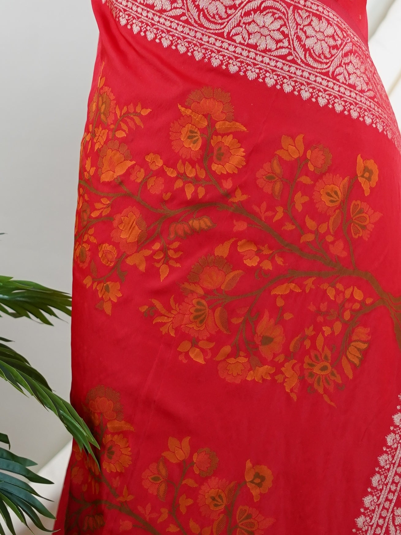 Katan Red Katan Semi Silk - Manoranjitham Weaves - Handloom Store