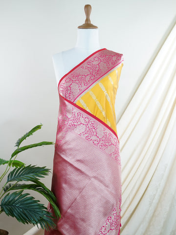 Katan Bright and joyful, this Katan semi silk saree from Varanasi features vivid yellow softened by pink stripes that lend it a playful rhythm. The silk's gentle sheen pairs with the structured weave to create a look that's both traditional and refreshingly modern.br
#KatanSemiSilk #StripedSaree #YellowAndPink #VaranasiWeaves #HandloomCharm #Manoranjitham #ManoranjithamStyle Neelima - Semi Silk Saree | Nan Zari Work | Handwoven - Manoranjitham Weaves - Handloom Store