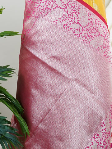 Katan Bright and joyful, this Katan semi silk saree from Varanasi features vivid yellow softened by pink stripes that lend it a playful rhythm. The silk's gentle sheen pairs with the structured weave to create a look that's both traditional and refreshingly modern.br
#KatanSemiSilk #StripedSaree #YellowAndPink #VaranasiWeaves #HandloomCharm #Manoranjitham #ManoranjithamStyle Neelima - Semi Silk Saree | Nan Zari Work | Handwoven - Manoranjitham Weaves - Handloom Store