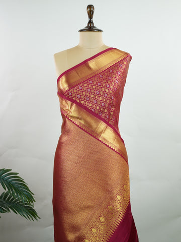 Kanchipuram Silk This red Kanchipuram silk saree is woven from 100% pure silk with gold and silver zari buttas. The golden shimmer adds a touch of tradition and elegance. Soft, rich, and timeless — perfect for weddings and festive occasions. A classic treasure from Kanchipuram's handloom legacy.             #ManoranjithamSilks #KanjivaramHandloom #PureSilkSaree #BridalElegance #TimelessTradition Bhairavia - Manoranjitham Weaves - Handloom Store