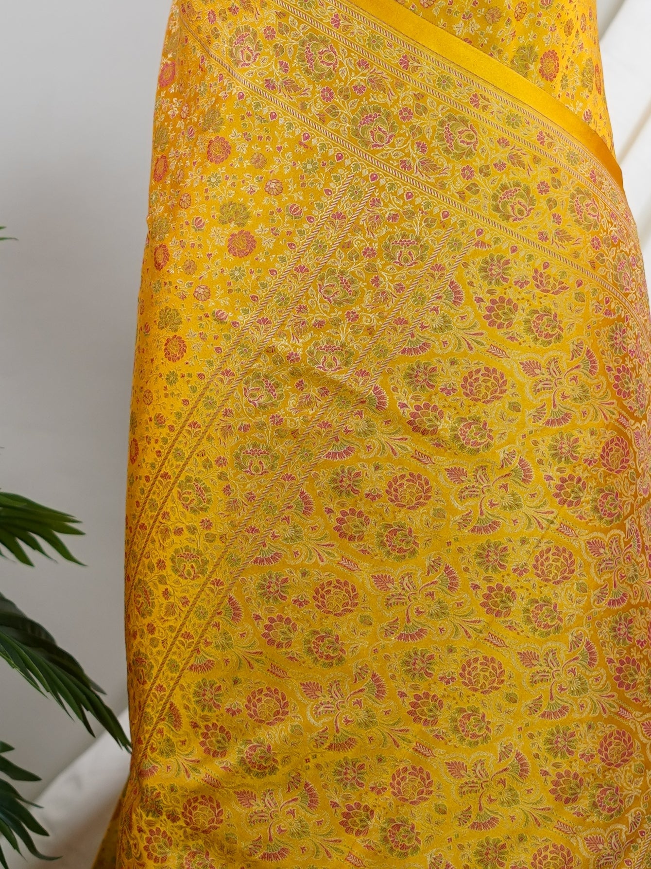 Katan Yellow Semi Mushru - Manoranjitham Weaves - Handloom Store
