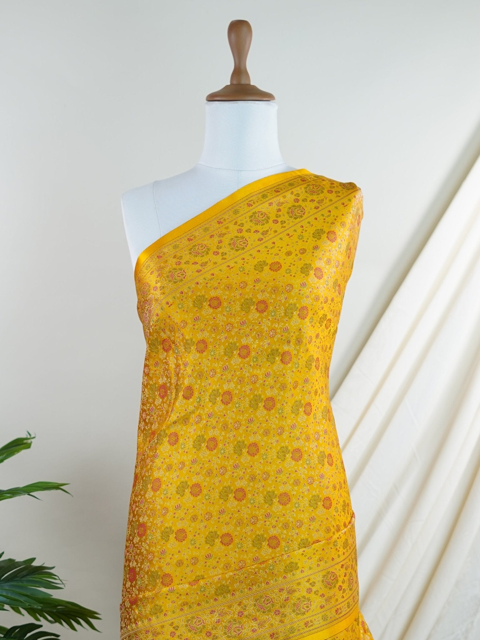Katan Yellow Semi Mushru - Manoranjitham Weaves - Handloom Store