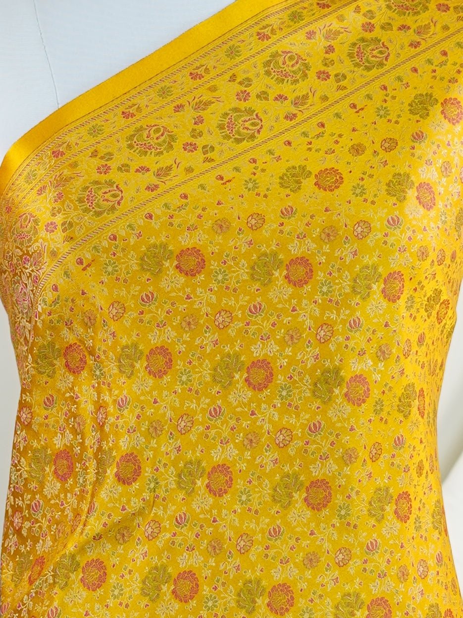 Katan Yellow Semi Mushru - Manoranjitham Weaves - Handloom Store