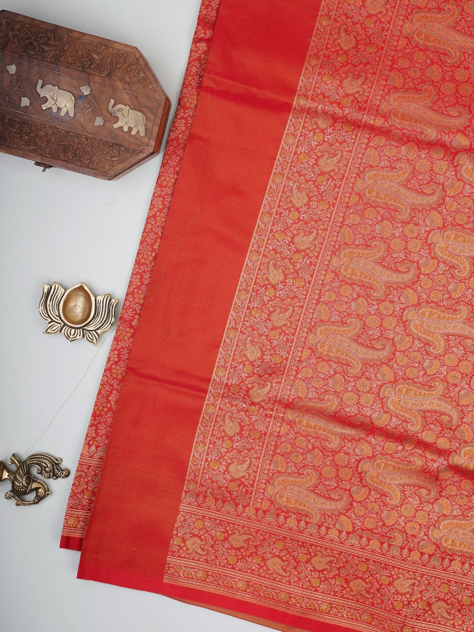 Katan Red Semi Mushru - Manoranjitham Weaves - Handloom Store