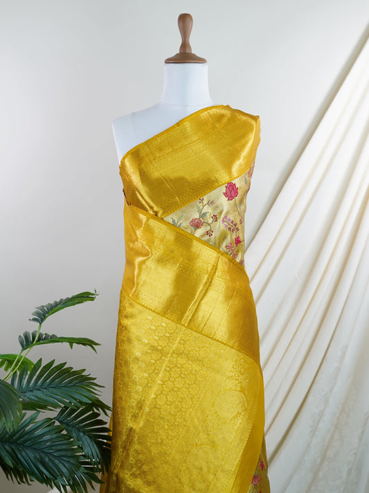 Kanchipuram Silk Yellow 100% Pure Silk  - Manoranjitham Weaves - Handloom Store