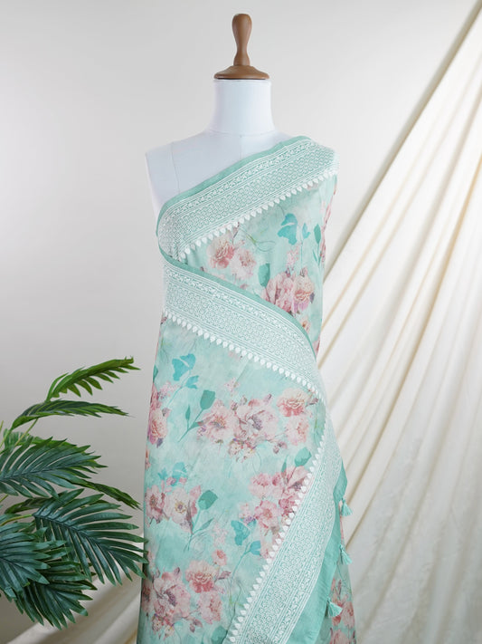 Tussars Green Semi Tussar - Manoranjitham Weaves - Handloom Store