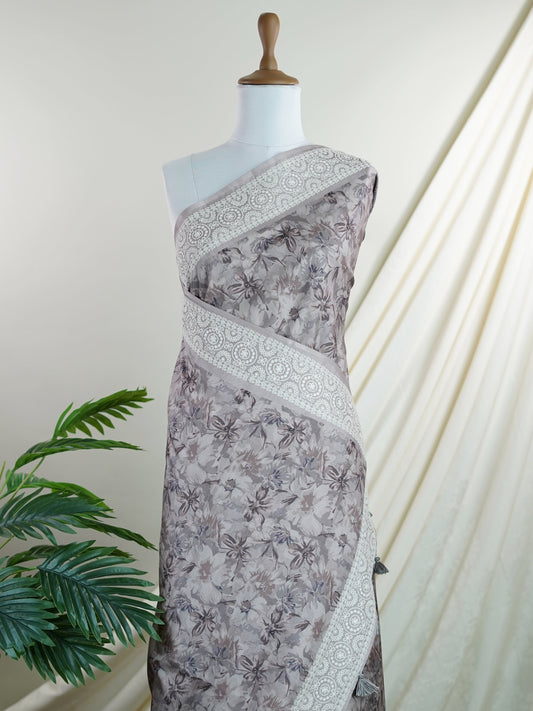 Tussars Grey Semi Tussar - Manoranjitham Weaves - Handloom Store