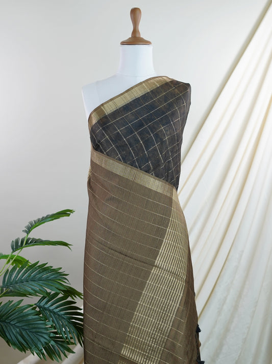 Tussars Black Semi Tussar - Manoranjitham Weaves - Handloom Store