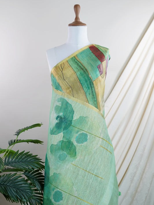 Tissue Green Semi Linen Tissue - Manoranjitham Weaves - Handloom Store