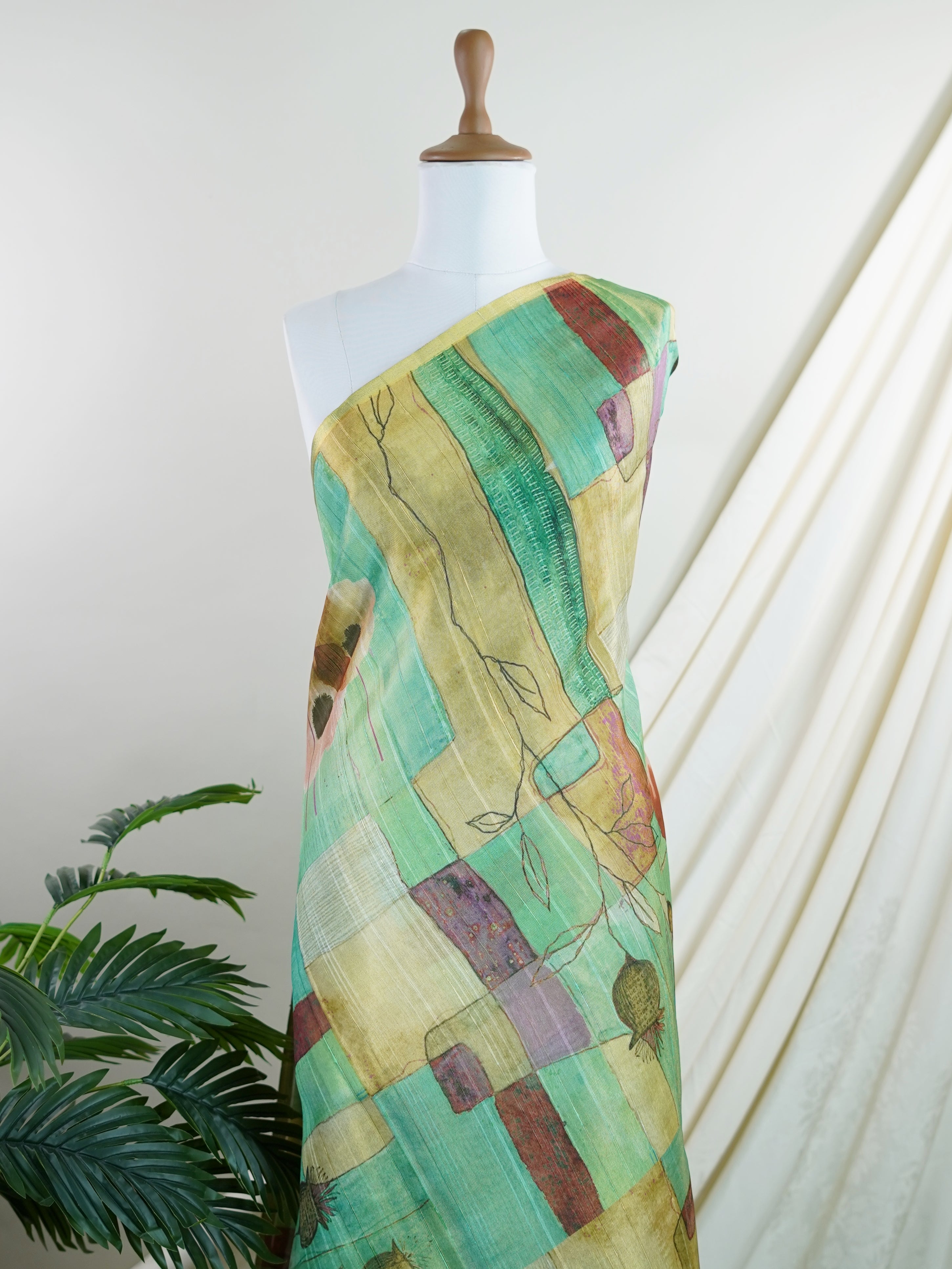 Tissue Green Semi Linen Tissue - Manoranjitham Weaves - Handloom Store