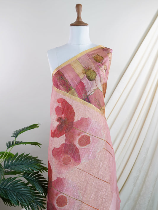 Tissue Pink Semi Linen Tissue - Manoranjitham Weaves - Handloom Store