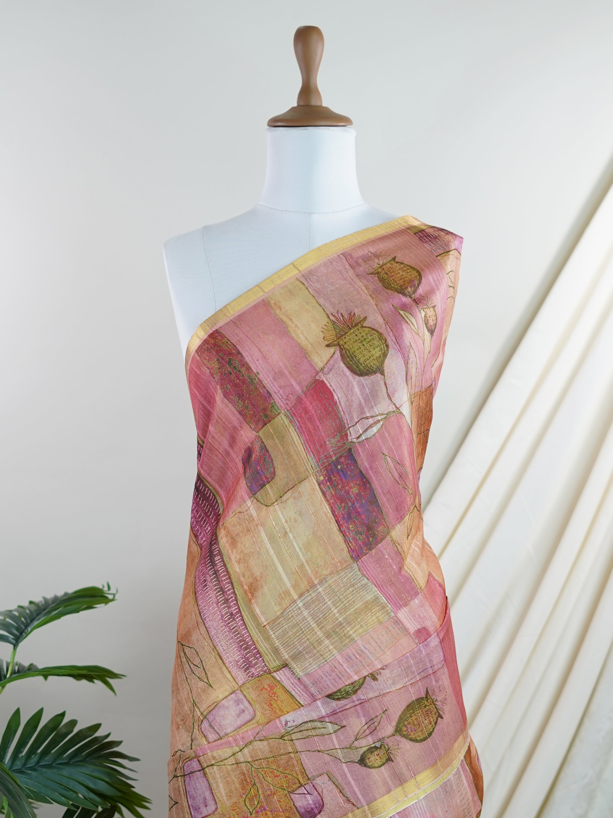 Tissue Pink Semi Linen Tissue - Manoranjitham Weaves - Handloom Store
