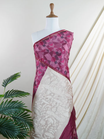 Katan This Semi Silk saree in soft cream blends delicate embroidery with digital print for a graceful finish. With no zari, its beauty lies in subtle textures and intricate detailing. Woven in Varanasi, it offers comfort with a refined aesthetic. A perfect pick for understated elegance. #SemiSilk #CreamElegance #EmbroideryDetails #VaranasiWeaves #ManoranjithamSarees Semi Tussar - Semi Silk Saree | Digital Print - Manoranjitham Weaves - Handloom Store