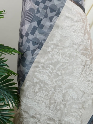 Katan This Semi Silk saree in soft cream blends delicate embroidery with digital print for a graceful finish. With no zari, its beauty lies in subtle textures and intricate detailing. Woven in Varanasi, it offers comfort with a refined aesthetic. A perfect pick for understated elegance. #SemiSilk #CreamElegance #EmbroideryDetails #VaranasiWeaves #ManoranjithamSarees Semi Tussar - Semi Silk Saree | Digital Print - Manoranjitham Weaves - Handloom Store