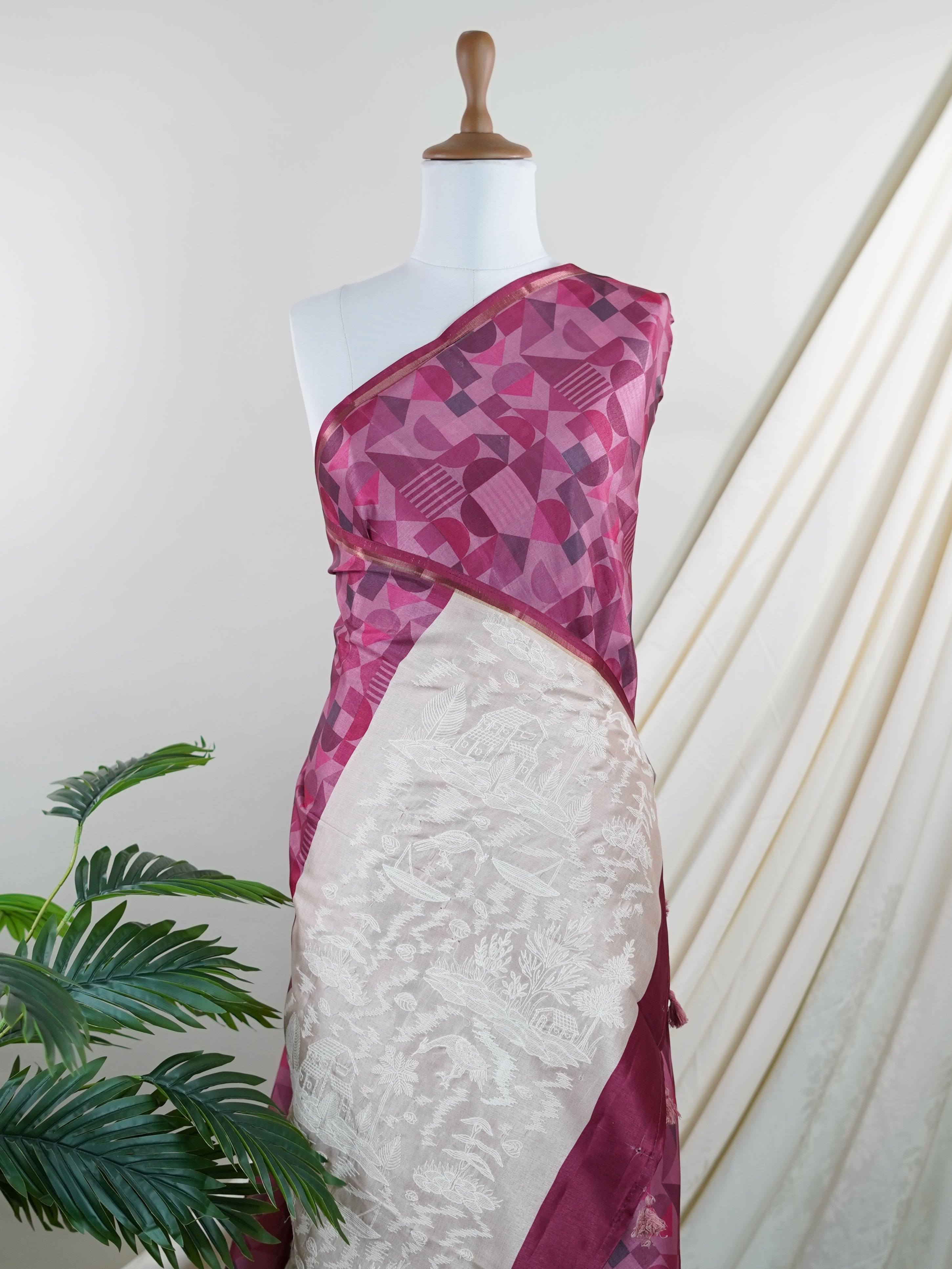 Katan Cream Semi Silk - Manoranjitham Weaves - Handloom Store