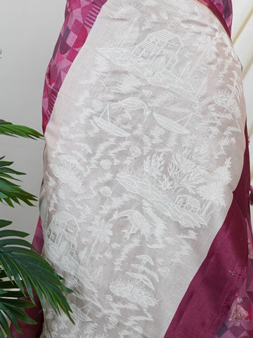 Katan This Semi Silk saree in soft cream blends delicate embroidery with digital print for a graceful finish. With no zari, its beauty lies in subtle textures and intricate detailing. Woven in Varanasi, it offers comfort with a refined aesthetic. A perfect pick for understated elegance. #SemiSilk #CreamElegance #EmbroideryDetails #VaranasiWeaves #ManoranjithamSarees Semi Tussar - Semi Silk Saree | Digital Print - Manoranjitham Weaves - Handloom Store