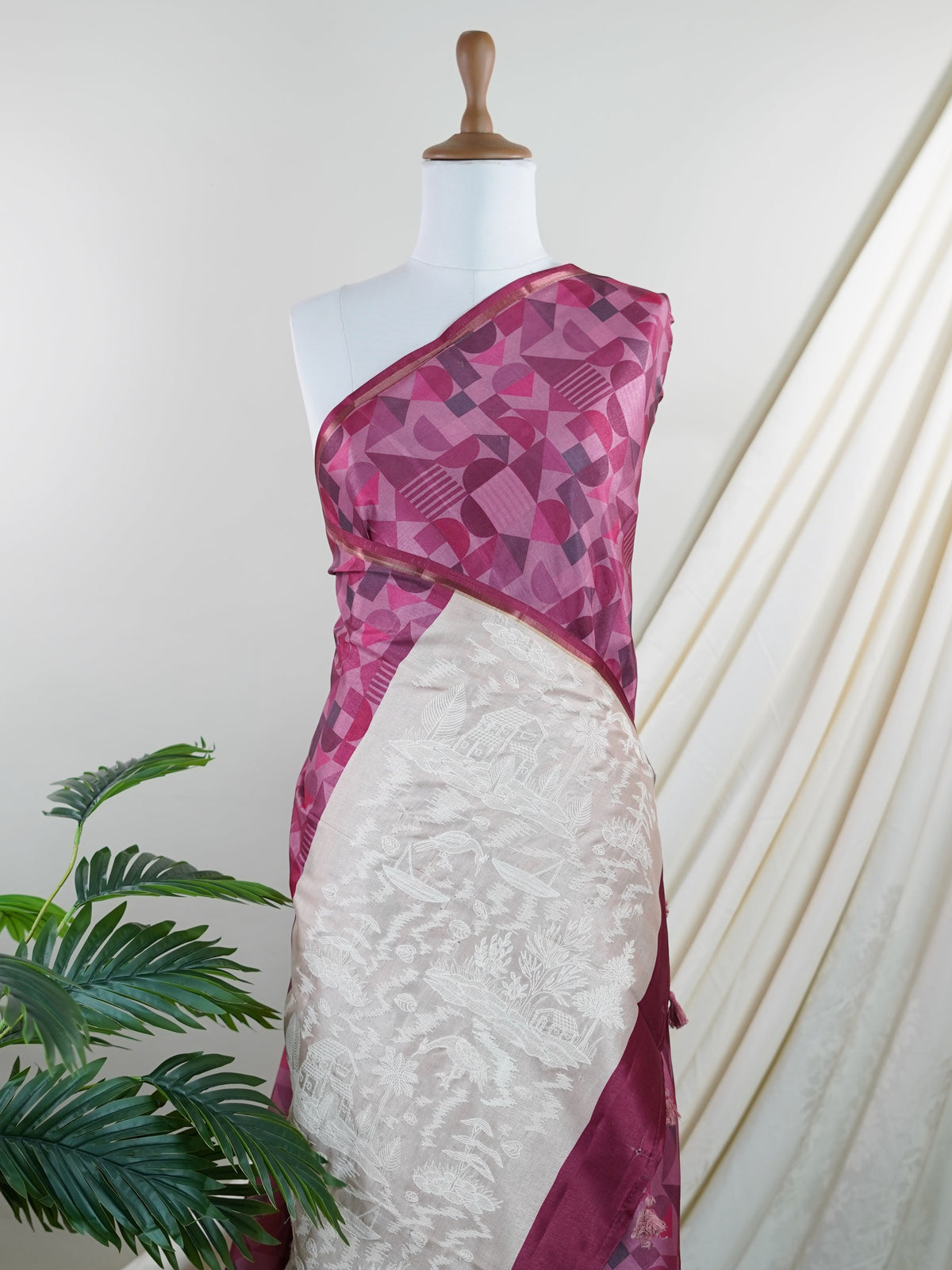 Katan Cream Semi Silk - Manoranjitham Weaves - Handloom Store